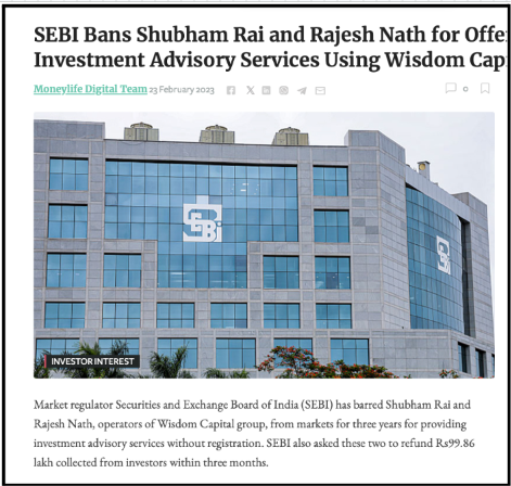 Moneylife news report headline and opening paragraphs detailing SEBI barring Shubham Rai and Rajesh Nath.