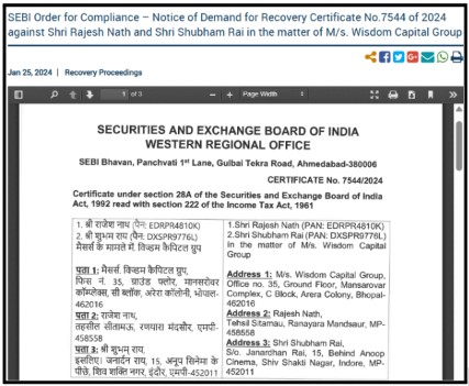 SEBI recovery proceedings notice snippet for the Wisdom Capital group matter dated 25 January 2024.