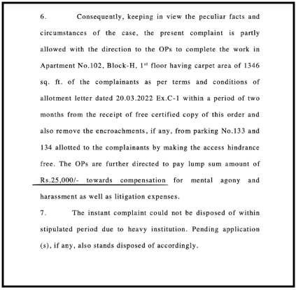 Excerpt from the District Consumer Disputes Redressal Commission order showing the findings of deficiency in service and operative directions.
