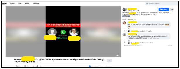 a Facebook video post from May 2022 featuring a homebuyer's allegation of cheating after full payment for a flat.