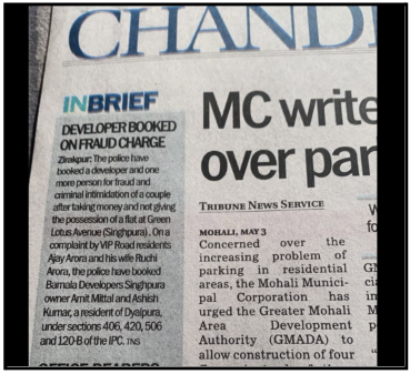 Newspaper clipping from The Tribune headed "Developer booked on fraud charge" regarding the Green Lotus Avenue case.