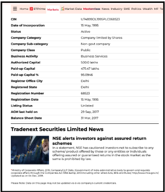 corporate profile data for Tradenext Securities Limited alongside the November 2022 NSE investor caution notice.