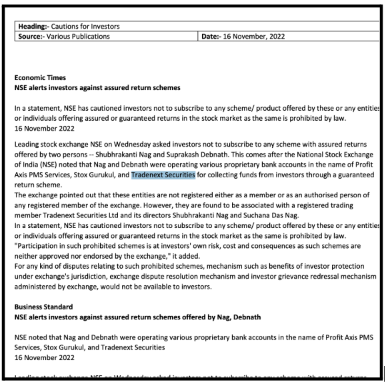 National Stock Exchange investor caution notice from November 16, 2022, regarding assured return schemes and associated entities