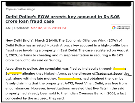 Delhi Police Economic Offences Wing press release dated 2 March 2025 regarding the arrest of a Tradenext Securities Limited director.