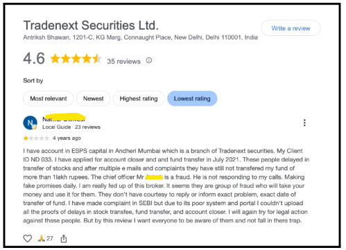 Google reviews panel for Tradenext Securities Ltd showing the 4.6-star rating and client feedback detailing fund transfer delays.