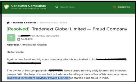 a 2013 consumer complaints forum post regarding Tradenext Global Limited in Gujarat.