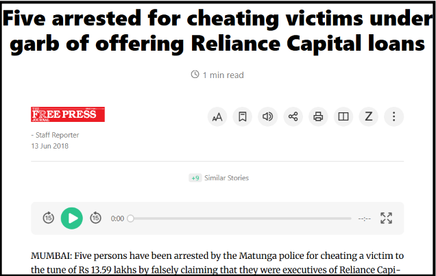 Reliance App Impersonation Scam report headline stating five people were arrested for cheating victims under the guise of offering Reliance Capital loans in Mumbai.
