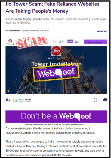The Quint article headline and introductory paragraphs regarding the fake Jio mobile tower installation scam.