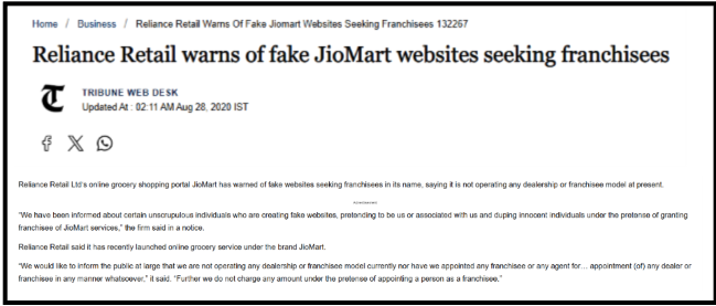 a news report headline from The Tribune warning about fake JioMart websites and Reliance App Impersonation Scam seeking franchisees.