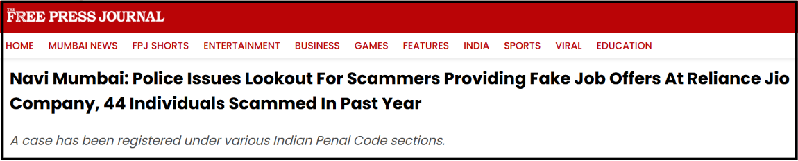 article headline and date reporting on the Navi Mumbai police lookouts for scammers offering fake Reliance Jio jobs.