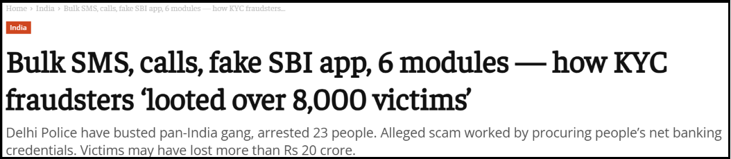 ThePrint article headline and introductory text covering the Delhi Police IFSO unit busting a fake SBI YONO app KYC fraud ring.