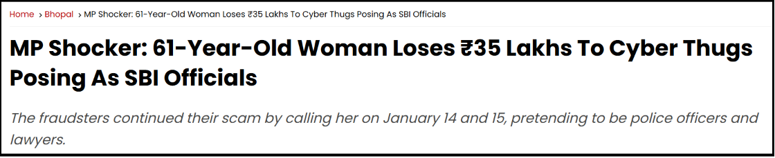 Free Press Journal article headline and date regarding a woman losing ₹35 lakh in a fake police video call scam originating from a bank call.