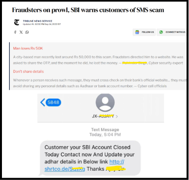 The Tribune news report headline and date covering SBI's warning about fake KYC and Aadhaar update text messages in a SBI Impersonation Scam