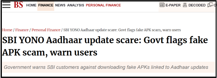 a Business Standard report featuring PIB Fact Check exposing a fake SBI YONO Aadhaar update APK message in a SBI Impersonation Scam