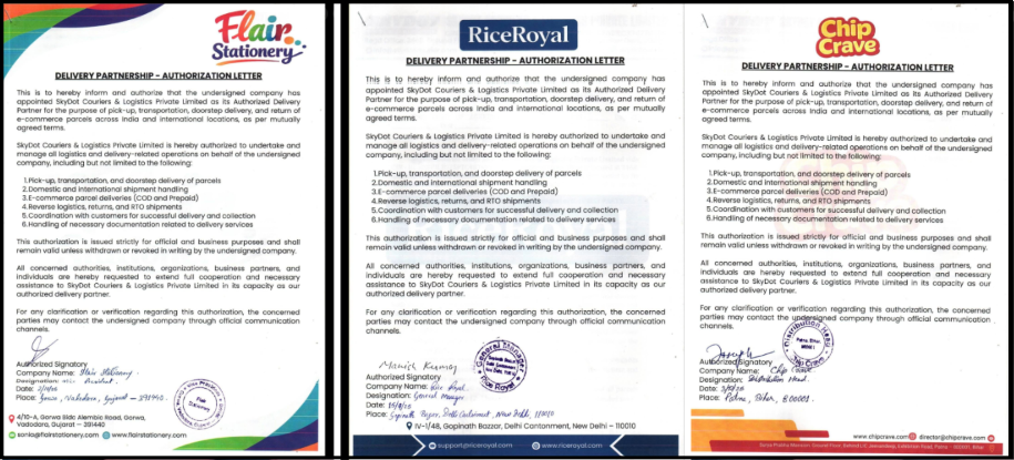 three identical authorization letters used by SkyDot Courier, bearing different company names and seals.