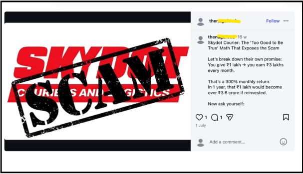an Instagram post and caption questioning the profit claims of the SkyDot Courier franchise.
