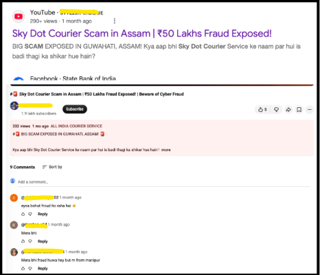 YouTube video page showing the video title and viewer comments discussing the SkyDot Courier franchise scam.