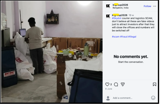 an Instagram post showing a room with SkyDot Courier branded bags and a warning caption about franchise scams.