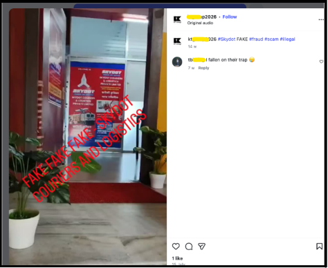 Instagram post showing an office entrance with a SkyDot Couriers poster marked with red text reading "FAKE FAKE FAKE".