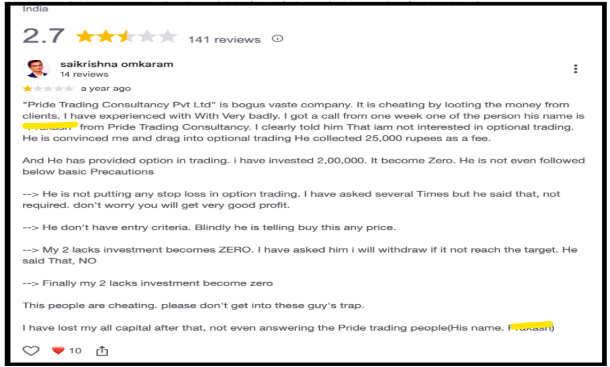 Google user review by Saikrishna Omkaram reporting financial losses and option trading issues for Pride Trading Consultancy