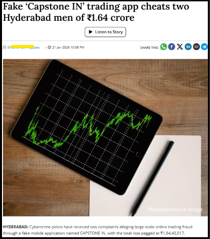 Hyderabad Mail news report headline stating that a fake Capstone IN trading app cheated two Hyderabad men of ₹1.64 crore
