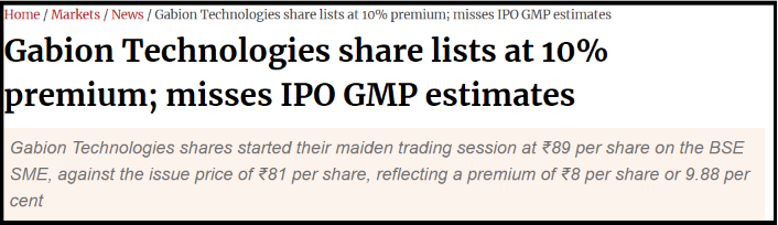 Business Standard news listing report detailing the BSE SME debut of Gabion Technologies on January 13, 2026, with 768 times subscription.
