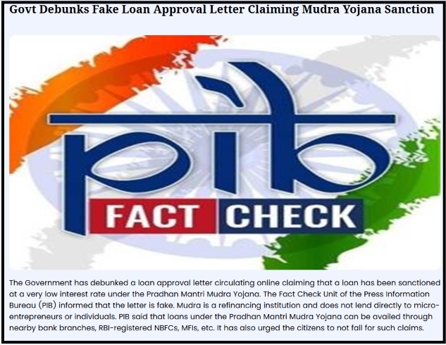 PIB Fact Check social media post warning the public against a fake PM Mudra Yojana loan approval letter.