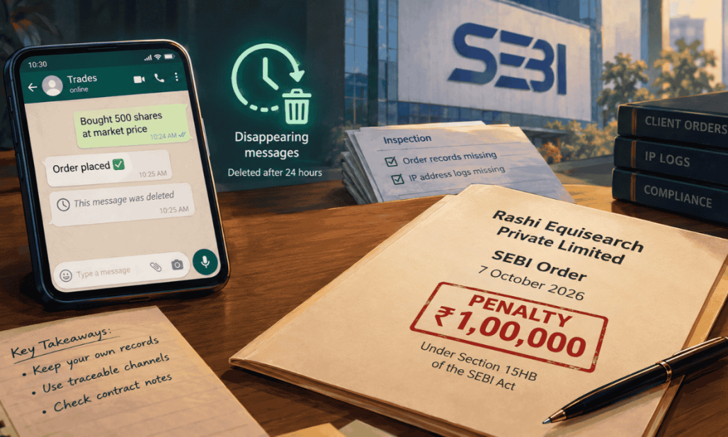 SEBI order document showing a 1 lakh penalty stamp next to a smartphone with disappearing WhatsApp messages for Rashi Equisearch