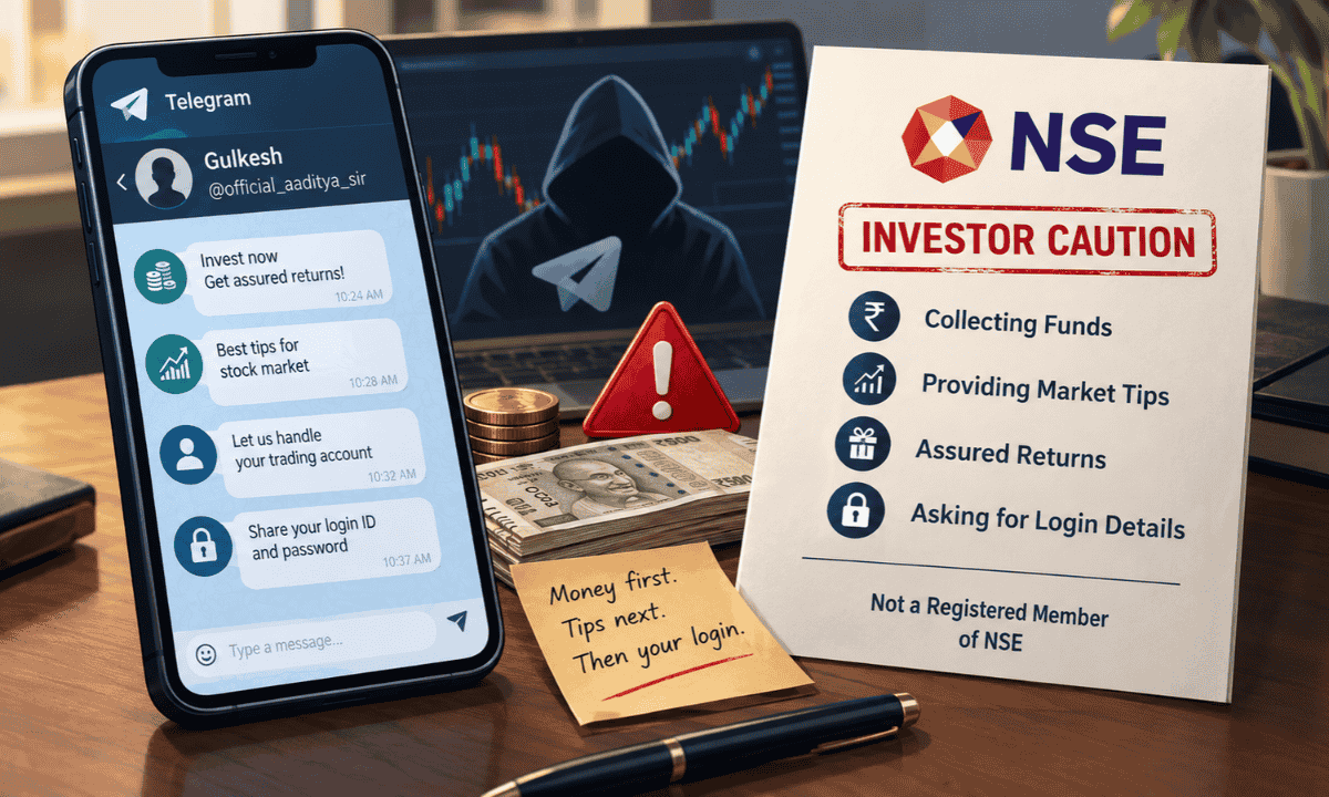 NSE caution notice warning against Gulkesh Telegram handle @official_aaditya_sir for stock tips and account handling.