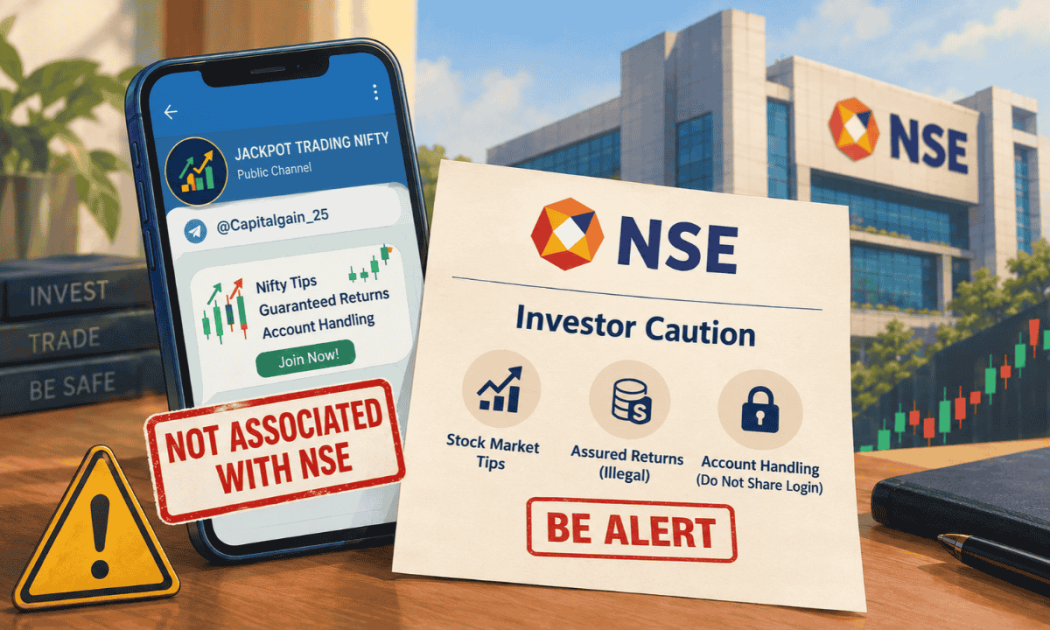 NSE caution alert graphics showing a mobile phone displaying a Telegram trading app alongside an official NSE investor warning notice regarding Jackpot Trading Nifty.