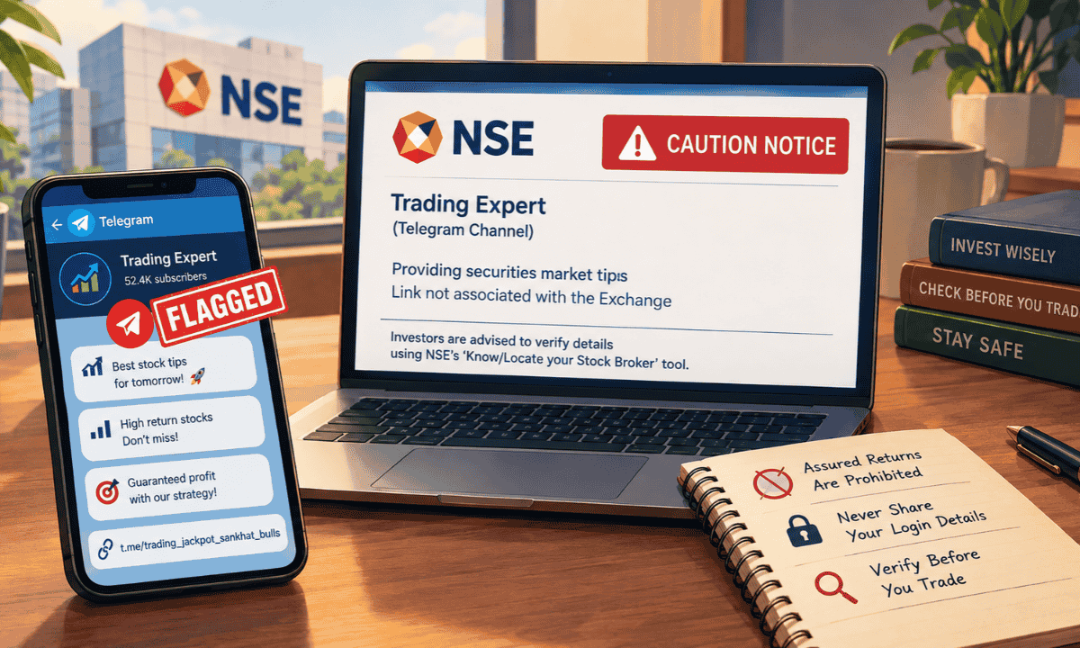 NSE caution notice on Trading Expert Telegram channel displayed on laptop screen