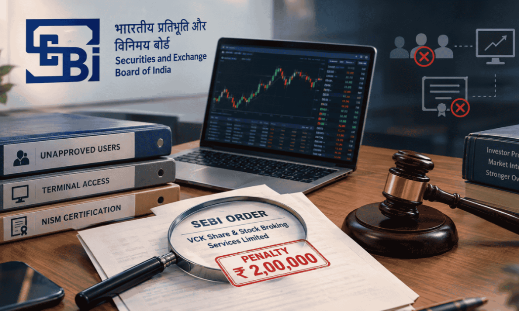 SEBI order banner showing laptop displaying stock trading terminal and regulatory gavel for VCK Share & Stock Broking penalty