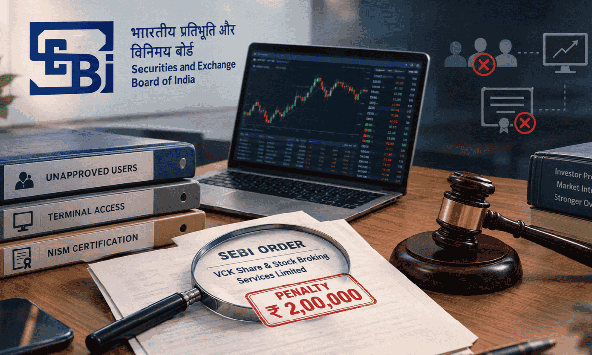 SEBI order banner showing laptop displaying stock trading terminal and regulatory gavel for VCK Share & Stock Broking penalty