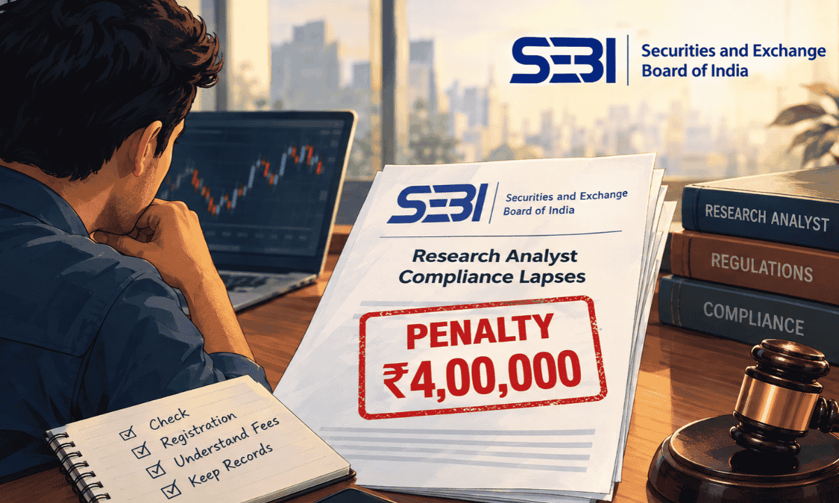 SEBI order document next to a laptop displaying research analyst compliance details and a penalty notice of ₹4,00,000.