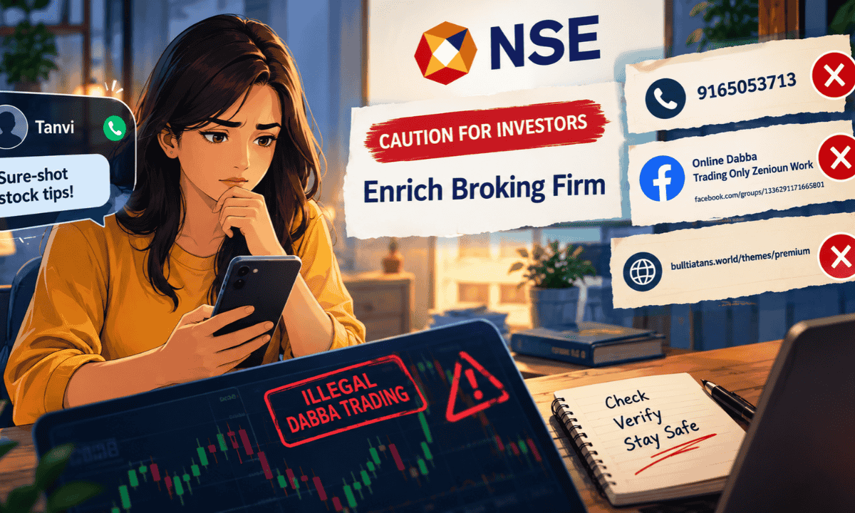 Illustration of a woman reviewing a stock trading app on her phone with an NSE Caution notice and Enrich Broking Firm logo in the background