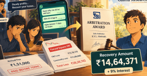 Arbitration award document and mobile phone showing ₹14.64 lakh recovery against Gaama Research