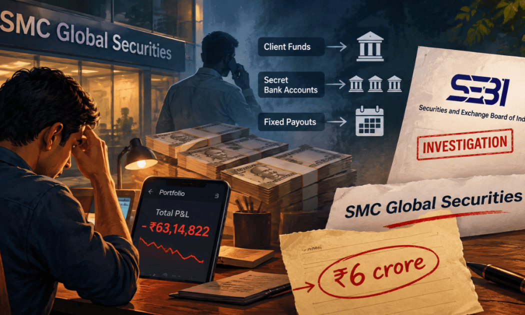 SMC Global Securities SEBI order banner showing financial fraud investigation details and complaints