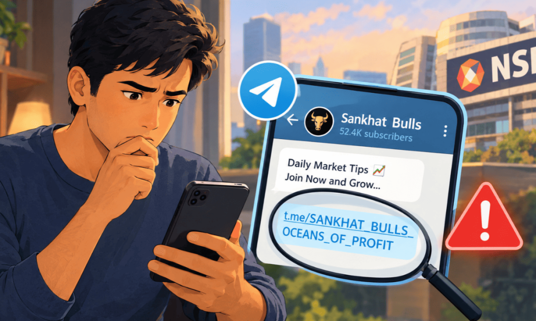 Illustration of a concerned investor looking at the Sankhat Bulls Telegram channel alert on a smartphone