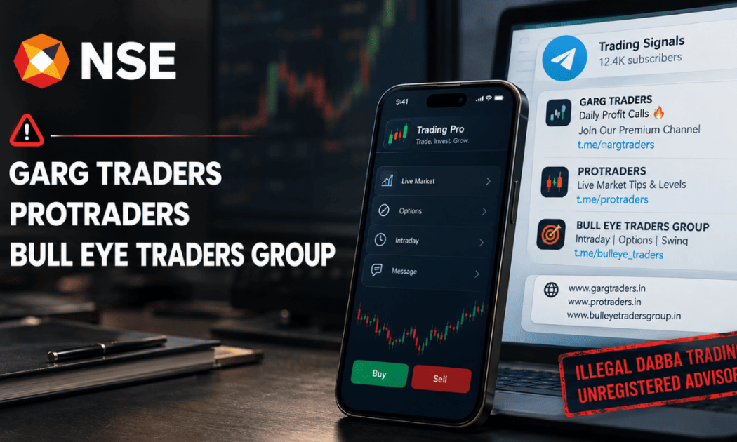 NSE warning notice flagging Bull Eye Traders Group and Garg Traders for illegal dabba trading and fake investment schemes