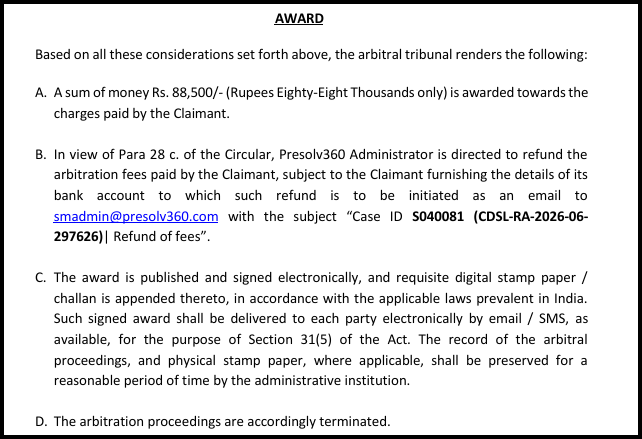 Award section of an arbitral tribunal order awarding Rs. 88,500 to the Claimant and directing a refund of arbitration fees