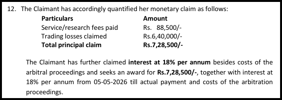 Table showing the Claimant's monetary claim: Rs. 88,500 service fees, Rs. 6,40,000 trading losses, Rs. 7,28,500 total, plus 18% interest