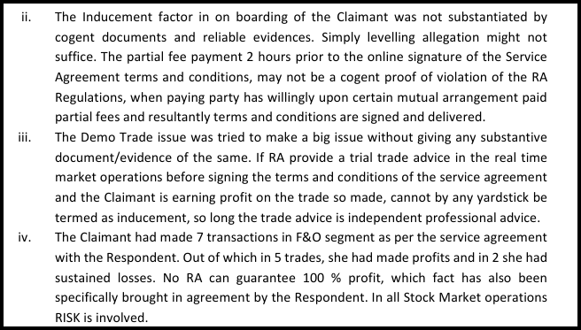 Tribunal's findings on inducement, the demo trade issue, and the Claimant's 7 F&O trades, 5 profitable and 2 loss-making
