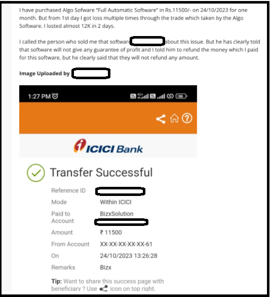 Consumer account detailing software losses and a refused refund after purchasing the full automatic plan.