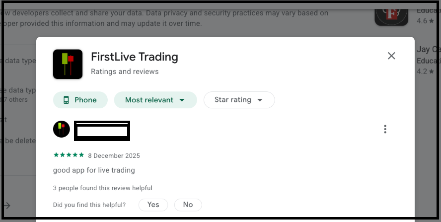Google Play store five star review screenshot for FirstLive Trading dated December 8 2025 stating good app for live trading