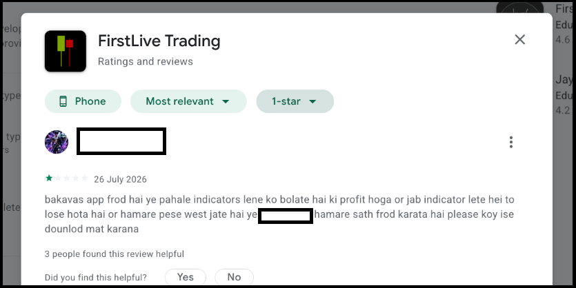 Google Play store one star review screenshot for FirstLive Trading dated July 26 2026 alleging trading losses and refused refunds after purchasing indicators