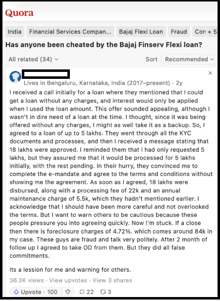 Quora answer discussing a misleading Bajaj Finserv Flexi loan experience with unexpected charges.