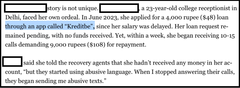 Al Jazeera news report crop highlighting the spelling Kreditbe alongside contextual details on digital lending apps and regulatory scrutiny