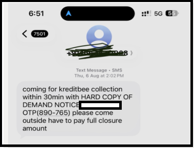 SMS screenshot warning of urgent KreditBee loan collection within 30 minutes demonstrating pressure tactics in a possible KreditBee Impersonation Scams