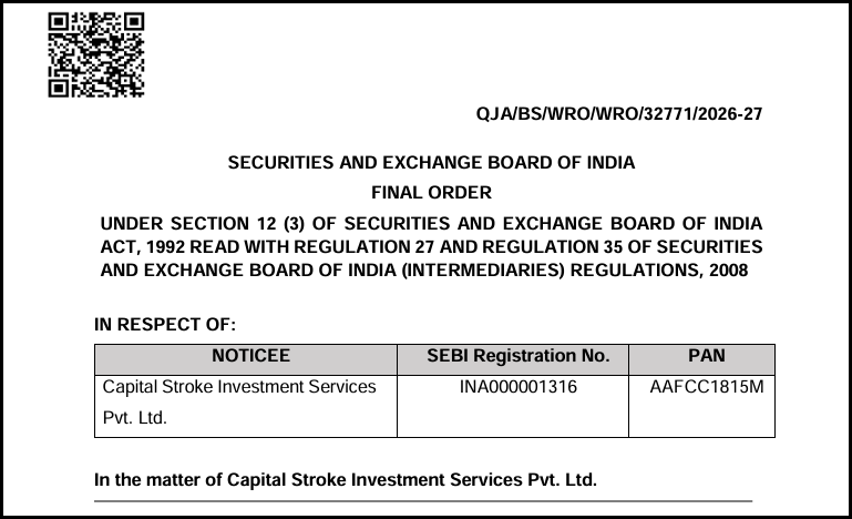 SEBI final order against Capital Stroke Investment Services Pvt. Ltd. showing registration number INA000001316