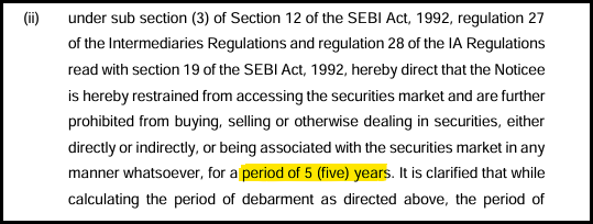 SEBI order text with the five year debarment period highlighted for Capital Stroke Investment Services
